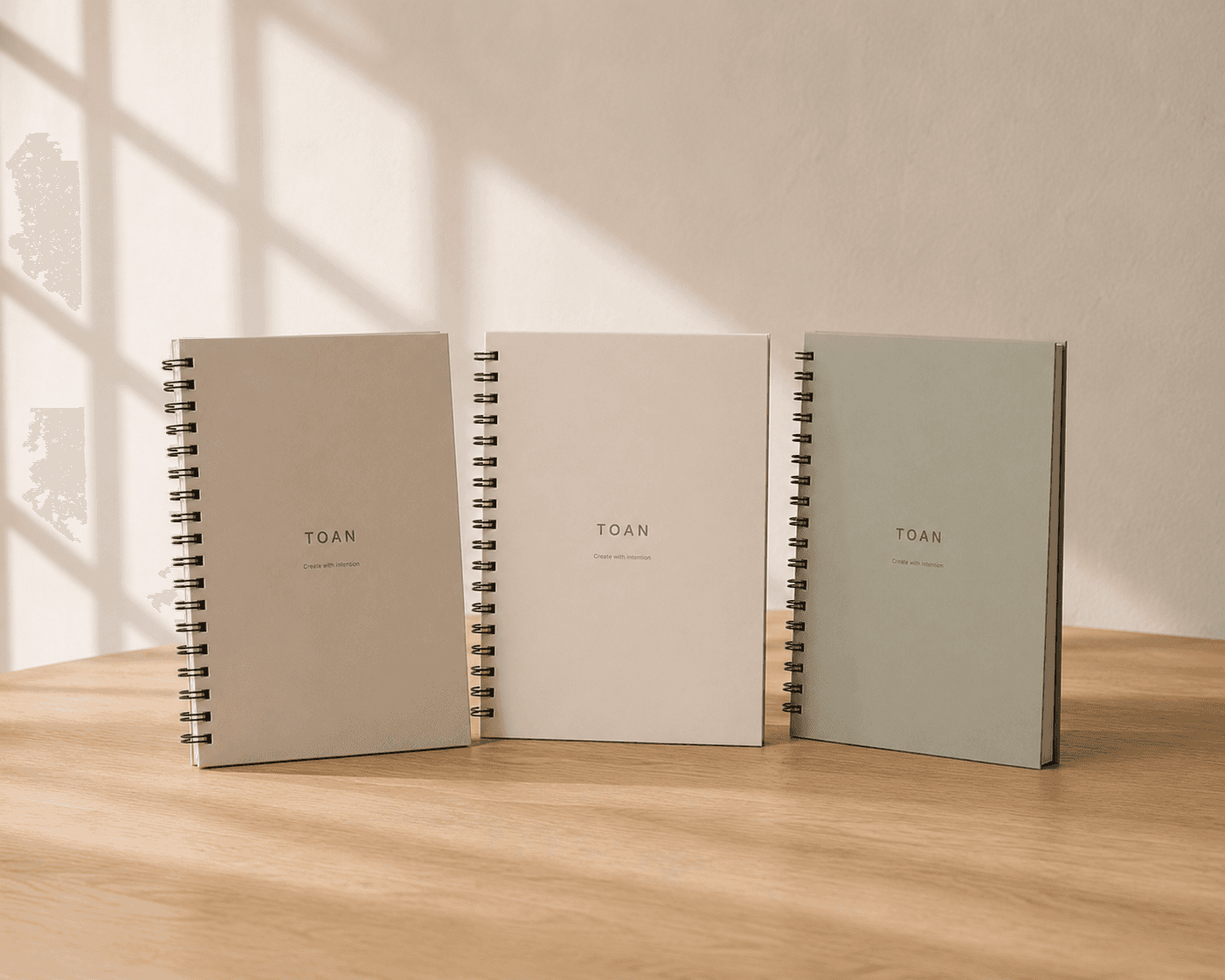 All three TOAN planner colorways together — Warm Stone, Sand, and Sage