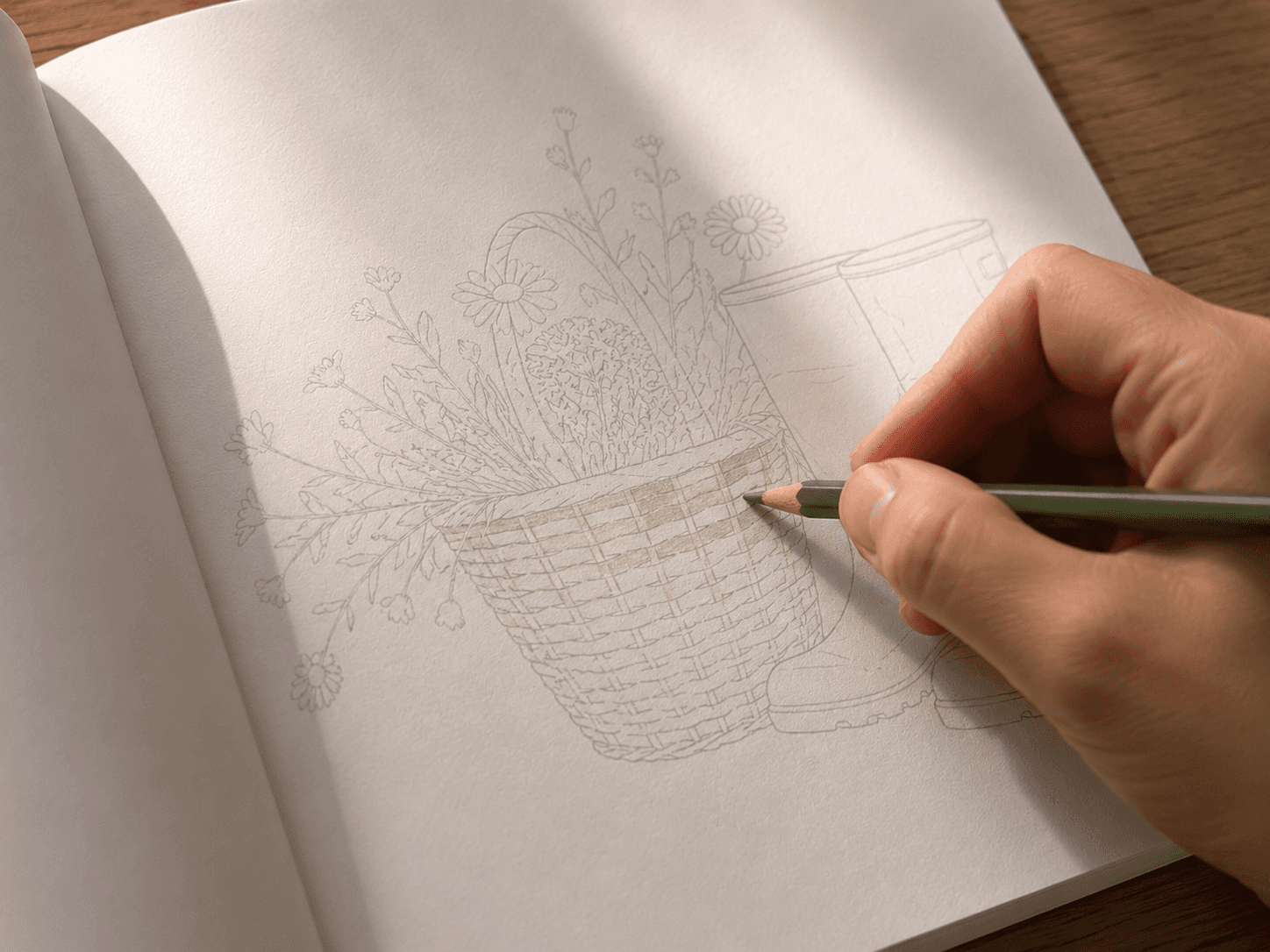 A close-up of coloring the soft gray line work in the TOAN Coloring Book